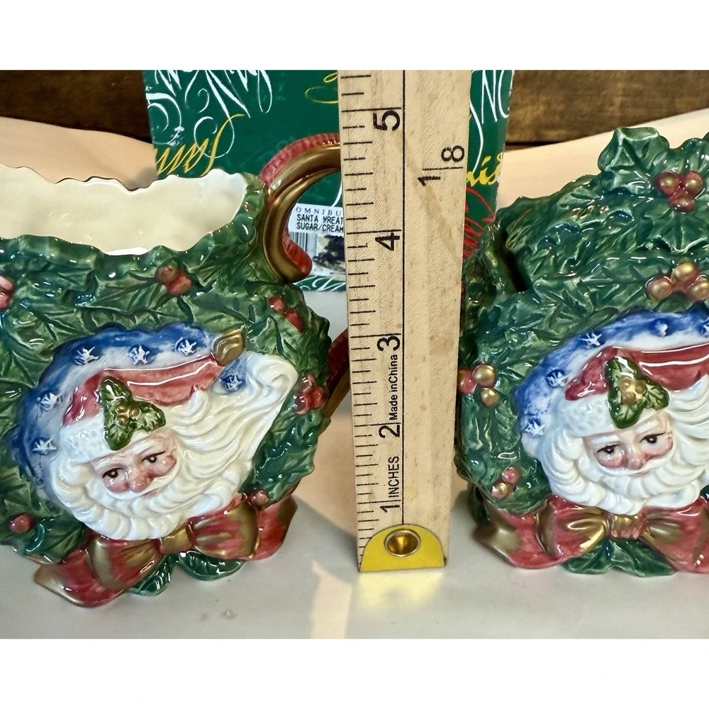 Rare Fitz & Floyd  Omnibus Santa Wreath Sugar & Creamer Set‎ - 4